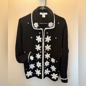 ELEGANT! Black Cardigan with CUTE Embroidered Angora Snowflake Designs